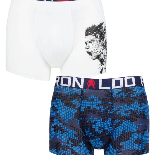 Boys 2 Pack CR7 Cotton Boxer Shorts Solid White/Print 4-6 Years