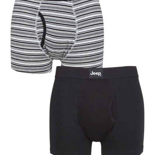 Mens 2 Pack Jeep Tonal Stripe and Plain Keyhole Hipster Trunks Black / White Small
