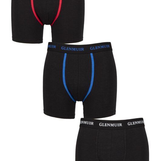 Mens 3 Pack Glenmuir Cotton and Bamboo Blend Long Leg Trunks Black/ Red/White/Blue M