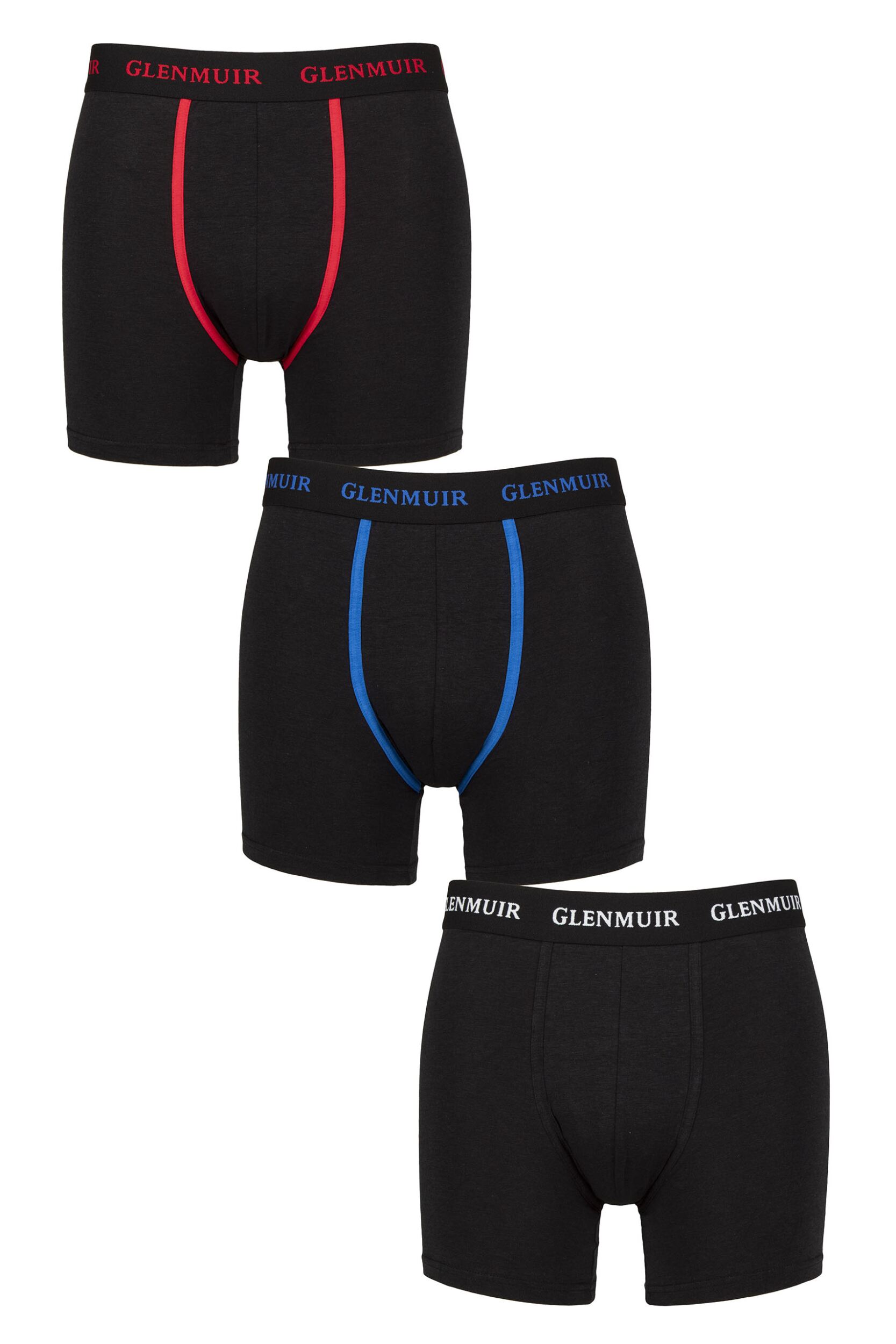 Mens 3 Pack Glenmuir Cotton and Bamboo Blend Long Leg Trunks Black/ Red/White/Blue M