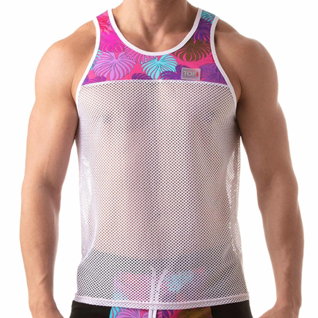 TOF Paris Floral Mesh Tank Top - White - Pink